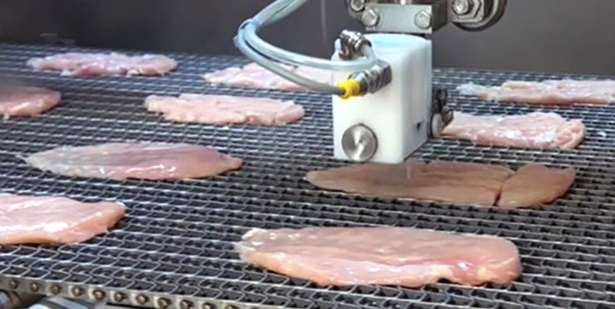 Wasserstrahlschneider f&uuml;r flexible Gefl&uuml;gelportionierung