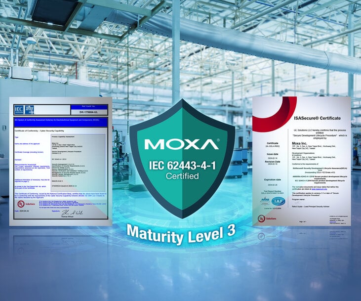 Moxa obtient une double certification IEC 62443-4-1 Niveau de maturit&eacute; 3, &eacute;tablissant une nouvelle r&eacute;f&eacute;rence en mati&egrave;re de s&eacute;curit&eacute; des infrastructures critiques